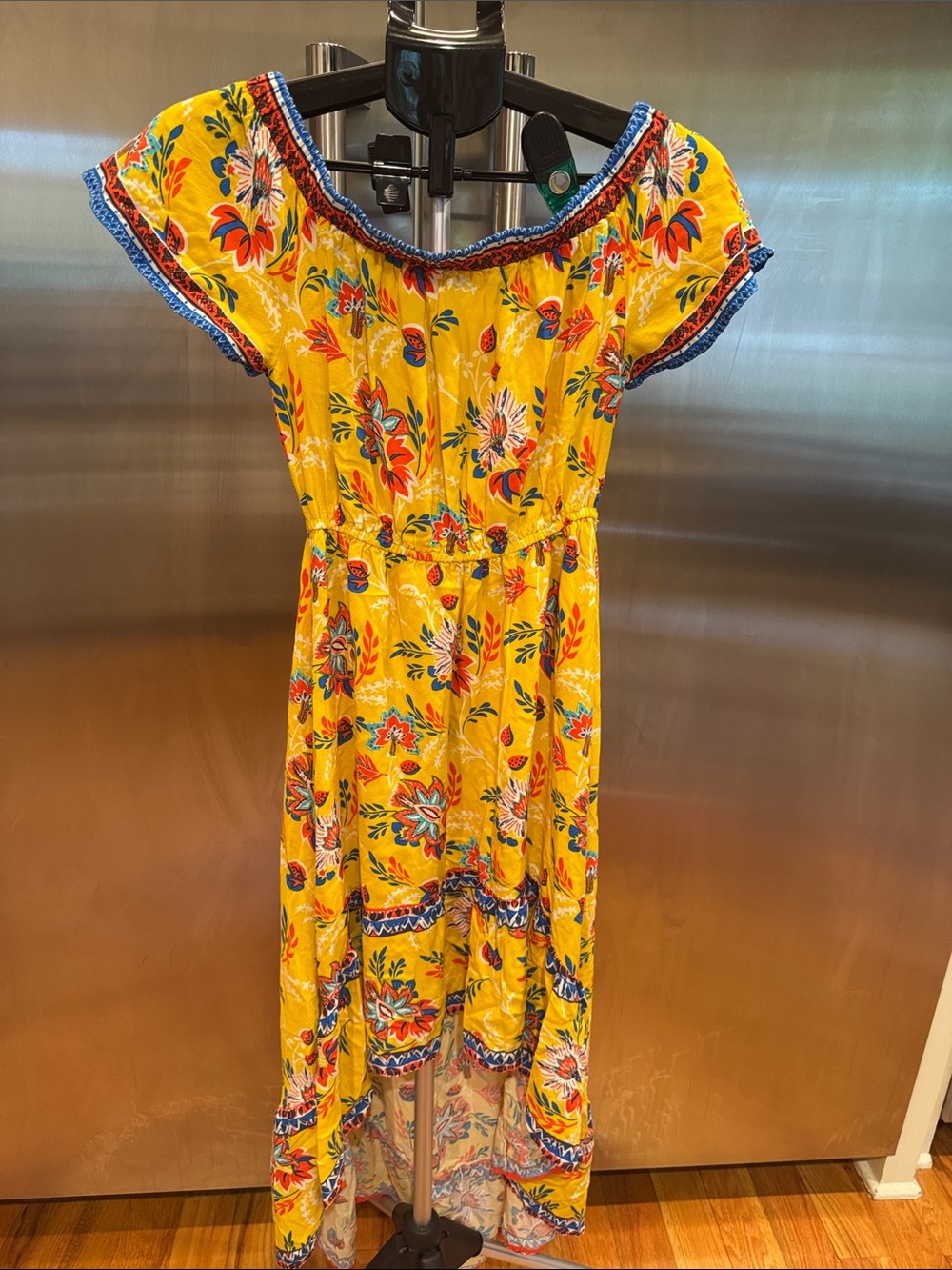 Flying Tomato Yellow Floral Dress with Blue Trim